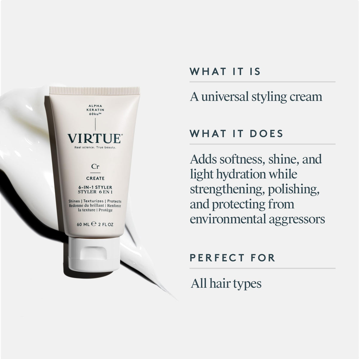 Virtue styler cream-serum texture close-up highlighting lightweight consistency and easy spread