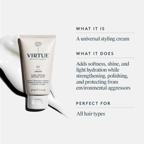 Virtue styler cream-serum texture close-up highlighting lightweight consistency and easy spread