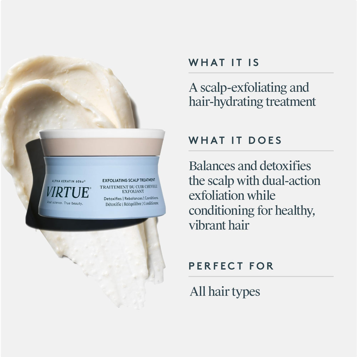 VIRTUE whipped texture close-up showing micro-fine exfoliating beads and smooth cream benefit