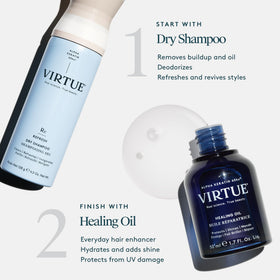 VIRTUE spray applied to hair demonstrating invisible texture and oil absorption