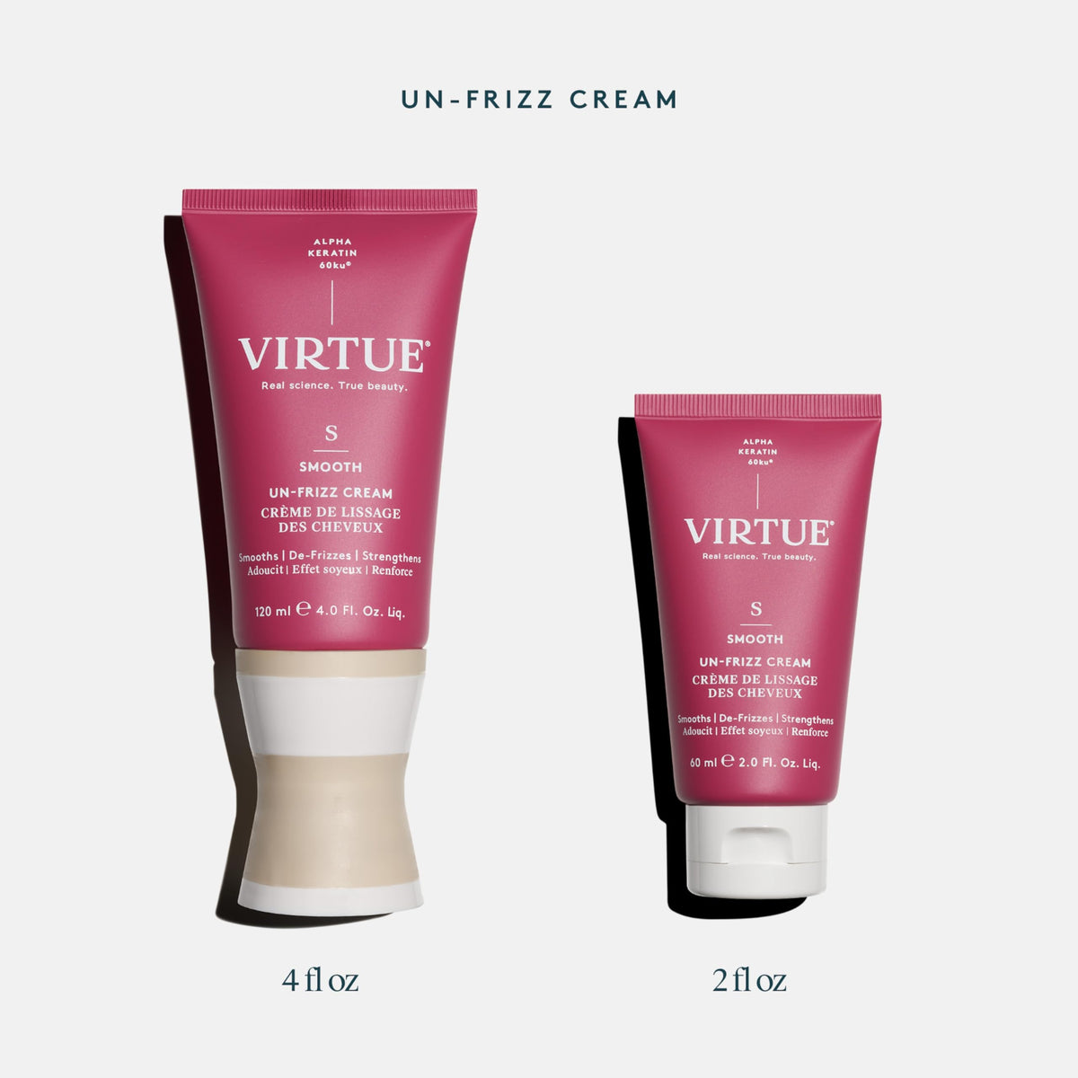 VIRTUE before-and-after on dry hair showing reduced frizz and shine