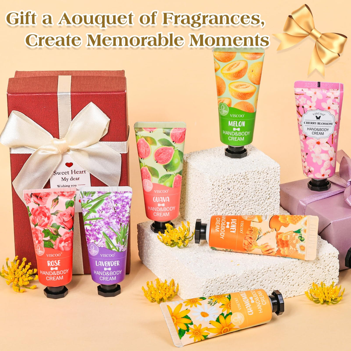 VISCOO hand cream tubes as party favors on a decorated table