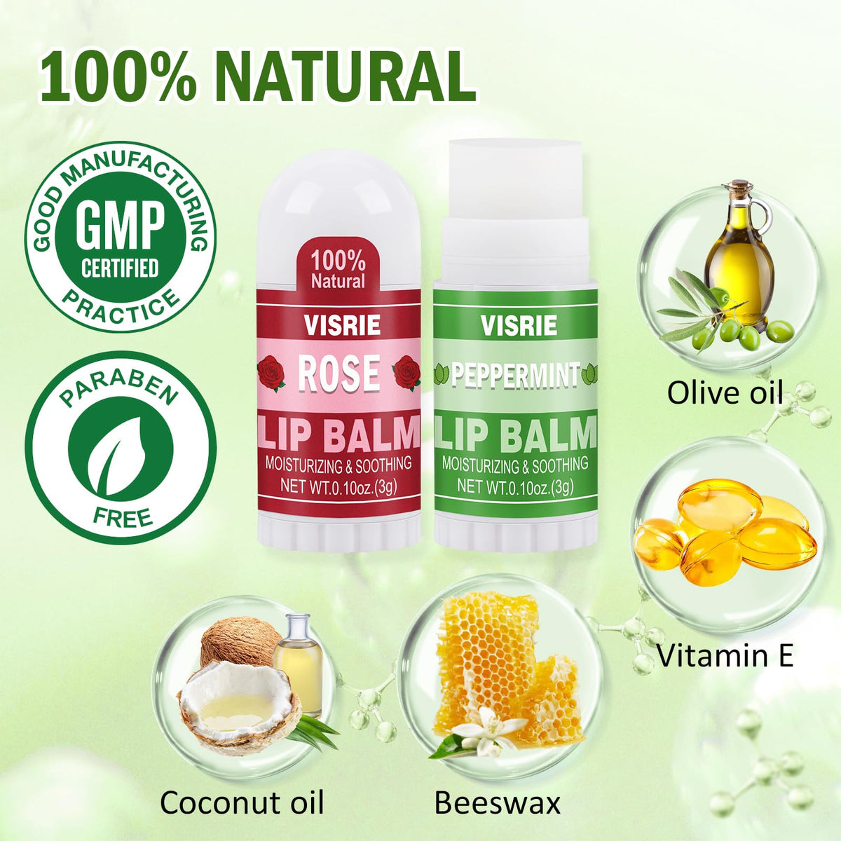 VISRIE overhead shot of ten assorted flavored mini balms for variety