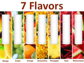 VISRIE overhead of seven flavor tubes arranged to show watermelon pineapple mango rose grape orange osmanthus