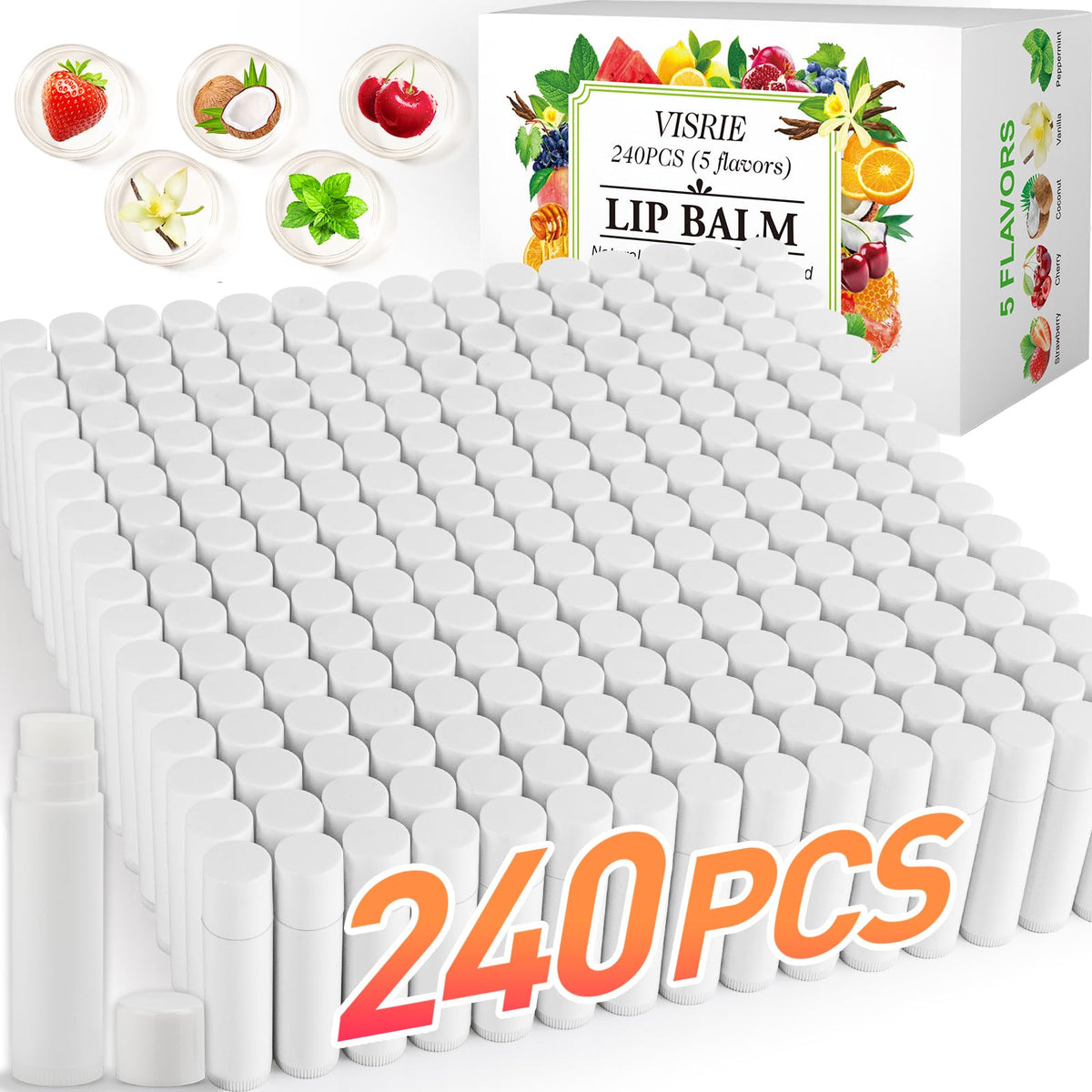 VISRIE front box packaging showing 240 unlabeled tubes and included labels for quick setup