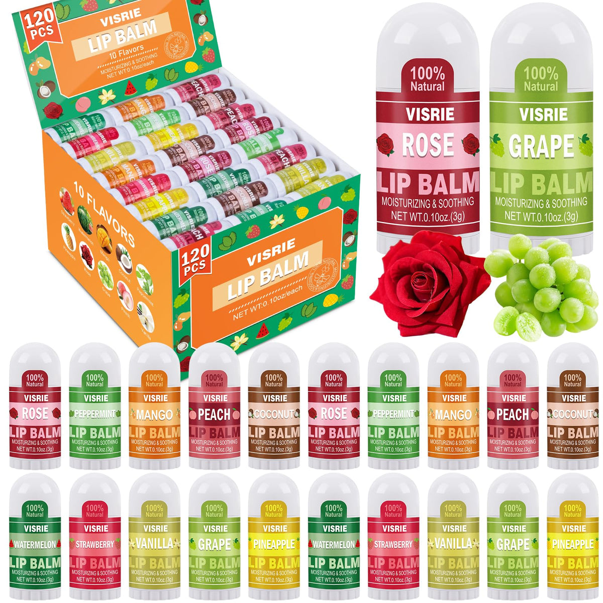 VISRIE front group view showing bulk mini lip balm pack and variety benefit