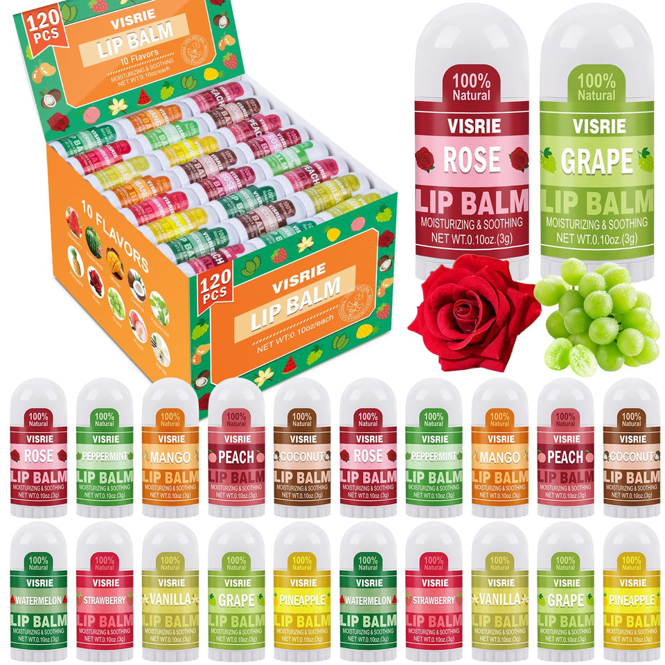 VISRIE front group view showing bulk mini lip balm pack and variety benefit