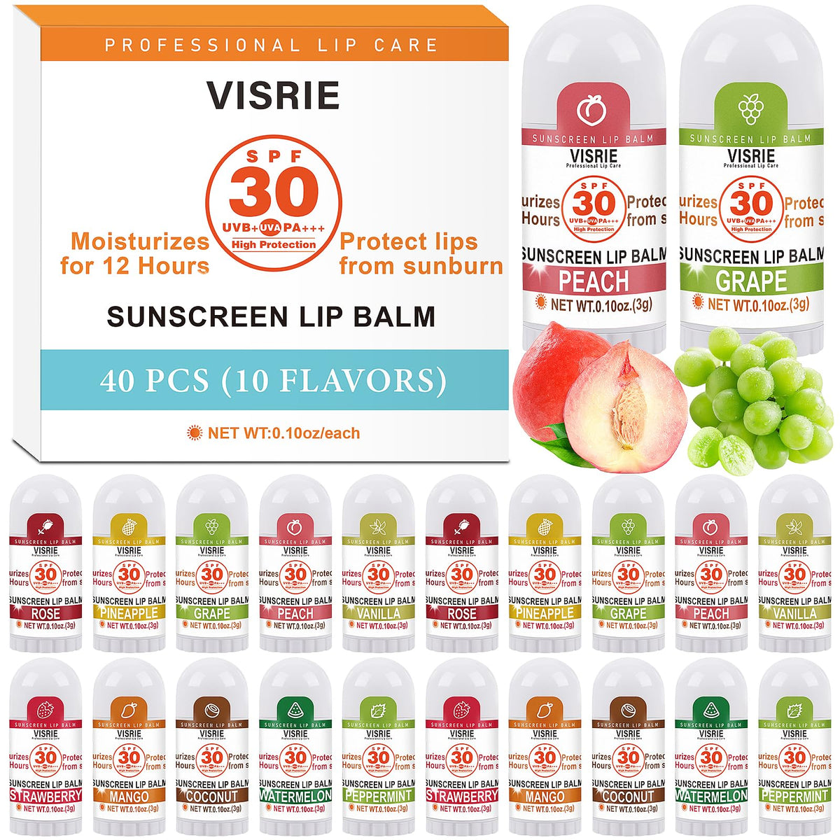 VISRIE front packaging showing 40-count travel SPF lip balms for convenient sun protection