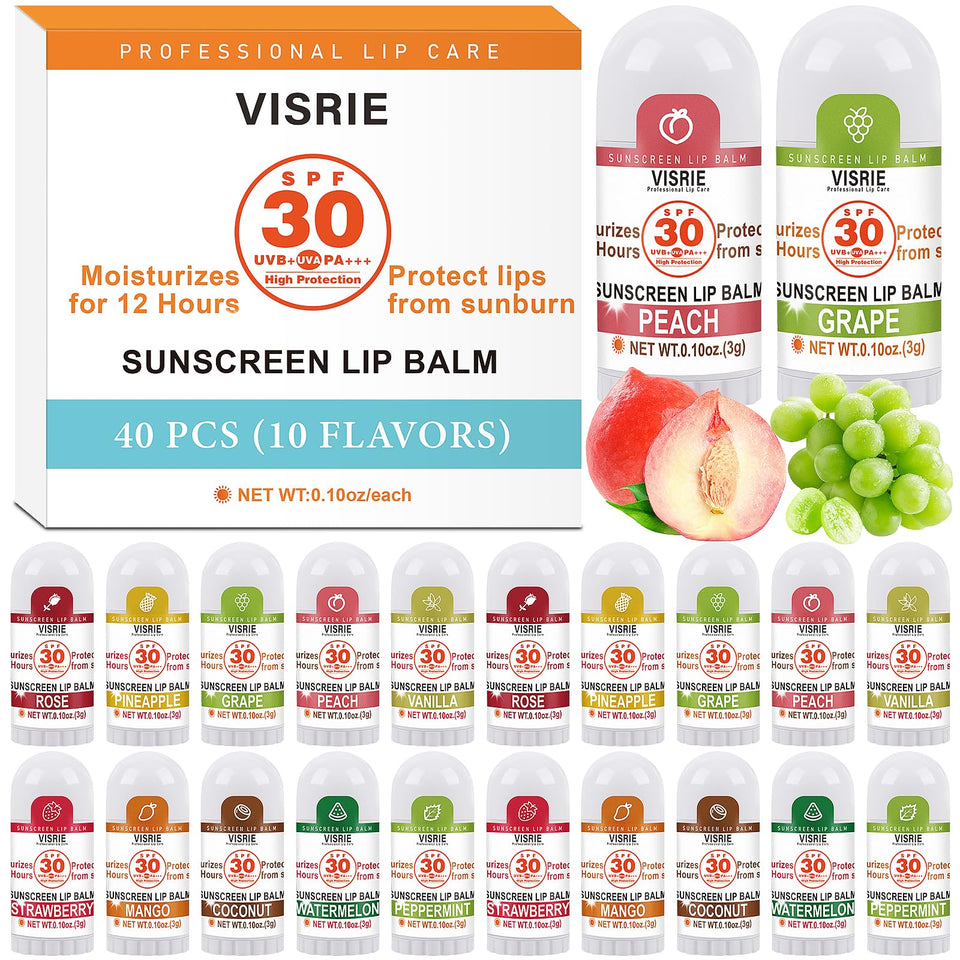 VISRIE front packaging showing 40-count travel SPF lip balms for convenient sun protection