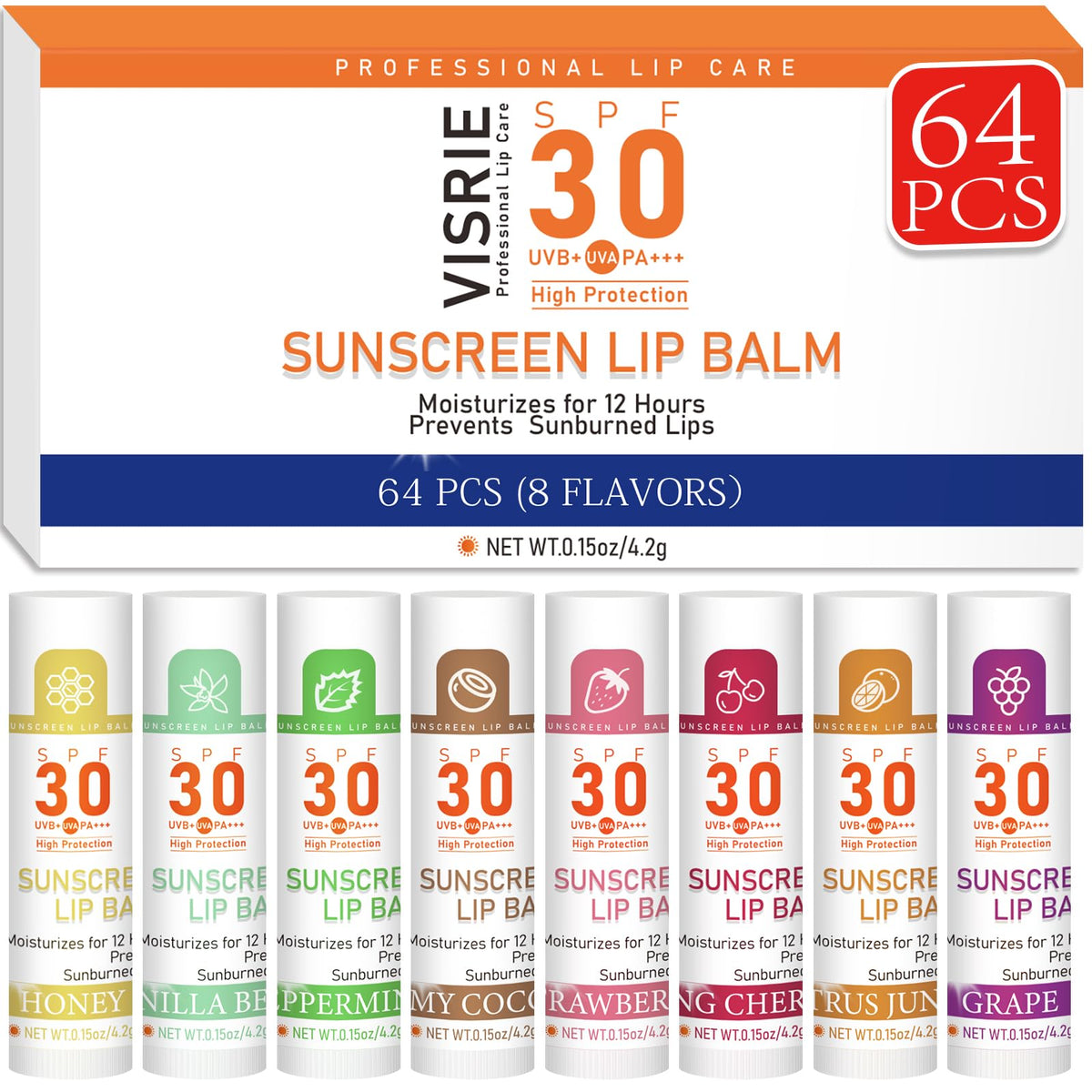 VISRIE front packaging showing bulk SPF 30 lip balms and benefits