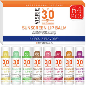 VISRIE front packaging showing bulk SPF 30 lip balms and benefits
