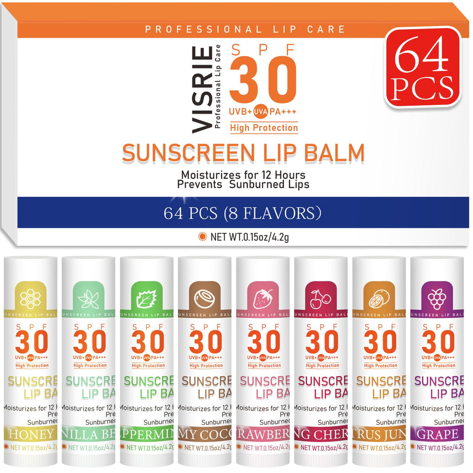 VISRIE front packaging showing bulk SPF 30 lip balms and benefits