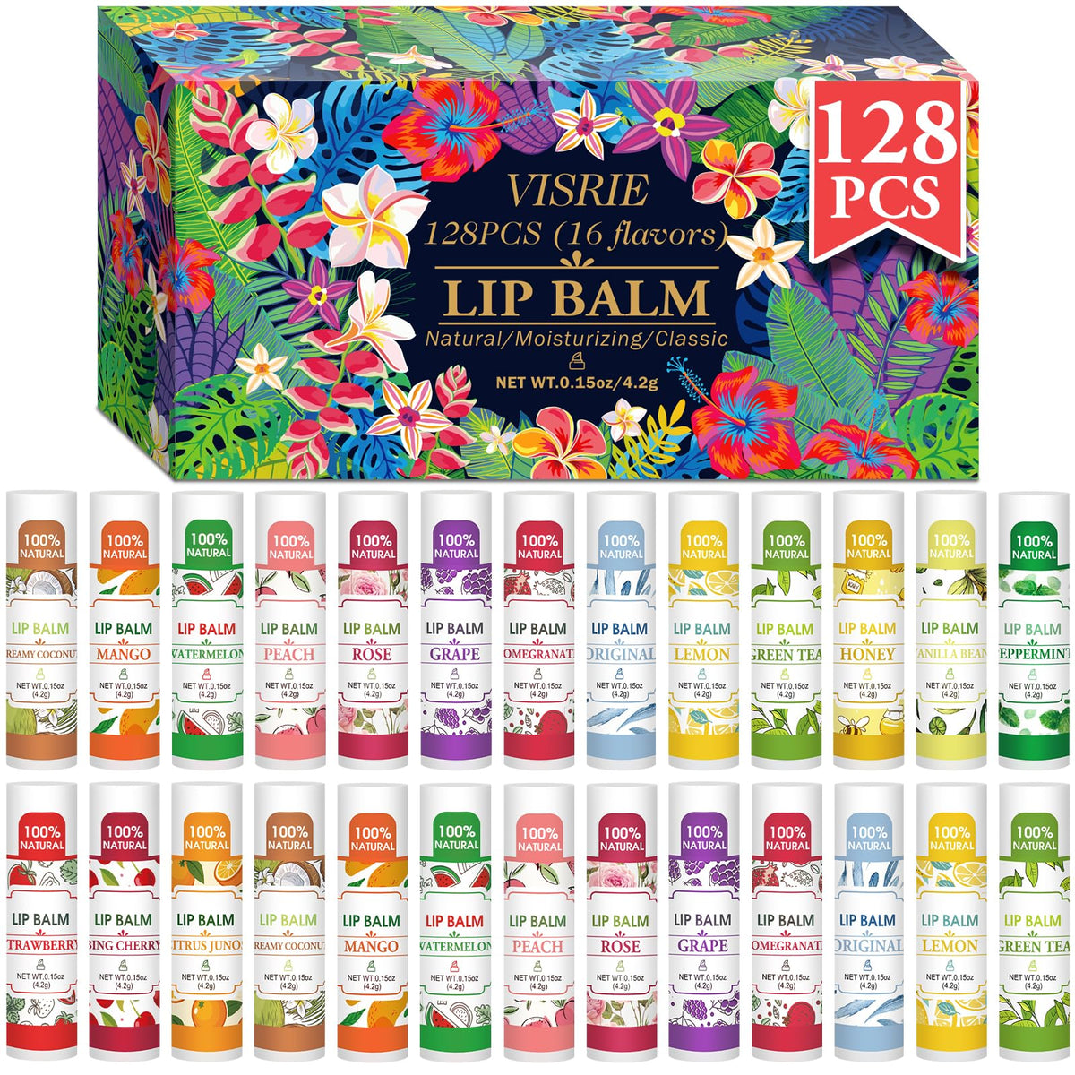 VISRIE front packaging showing 128-count bulk lip balm, convenient large supply