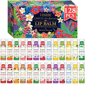 VISRIE front packaging showing 128-count bulk lip balm, convenient large supply