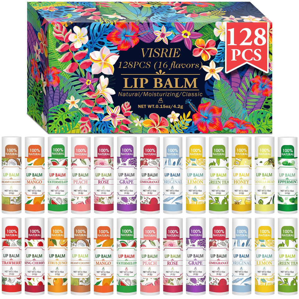 VISRIE front packaging showing 128-count bulk lip balm, convenient large supply