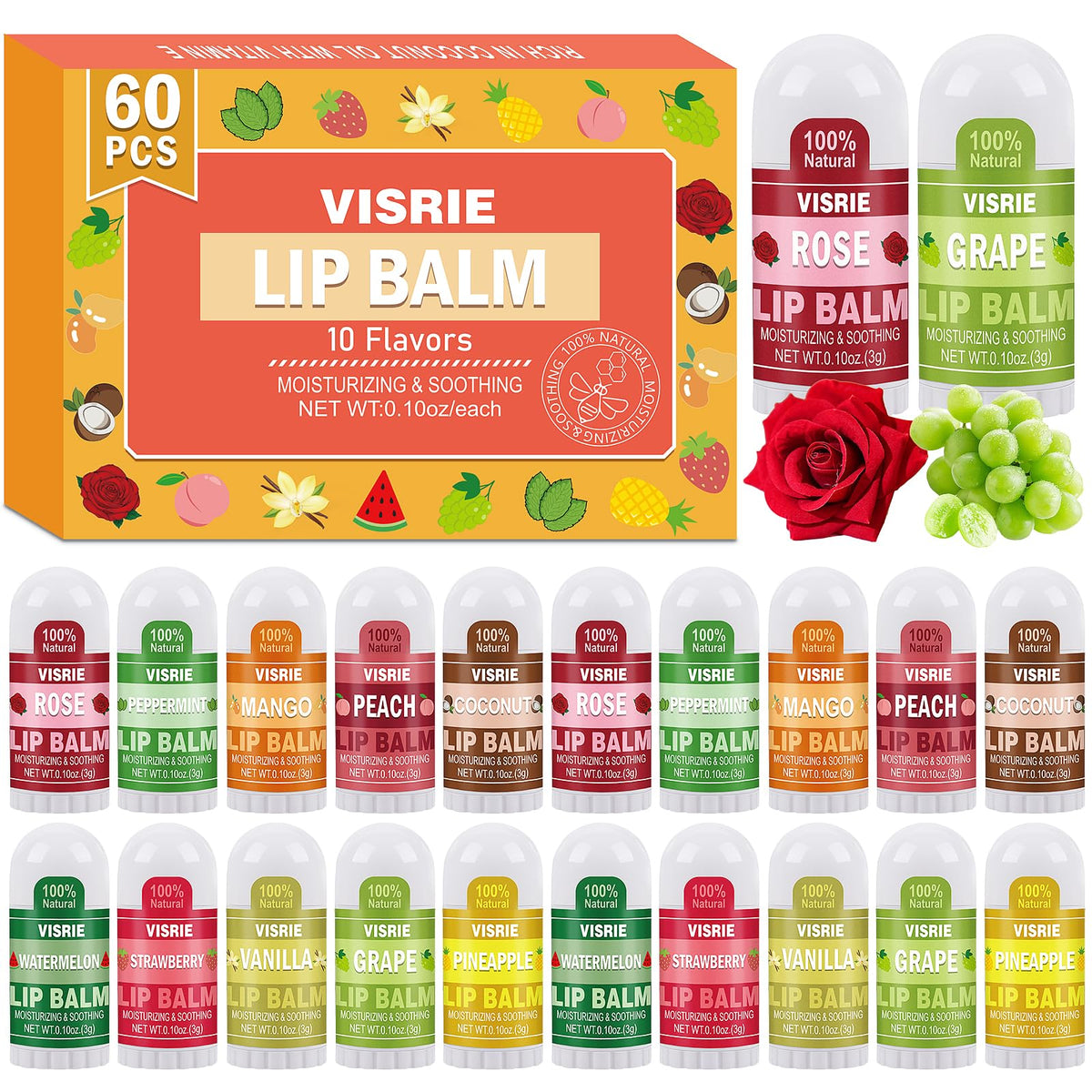 VISRIE front packaging showing 60 mini lip balm tubes and branding, easy gifting