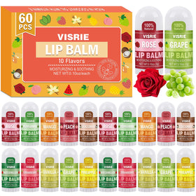 VISRIE front packaging showing 60 mini lip balm tubes and branding, easy gifting