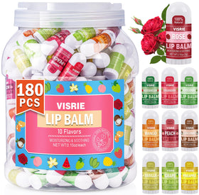 VISRIE front packaging of 180-pack mini lip balms shows compact bulk value