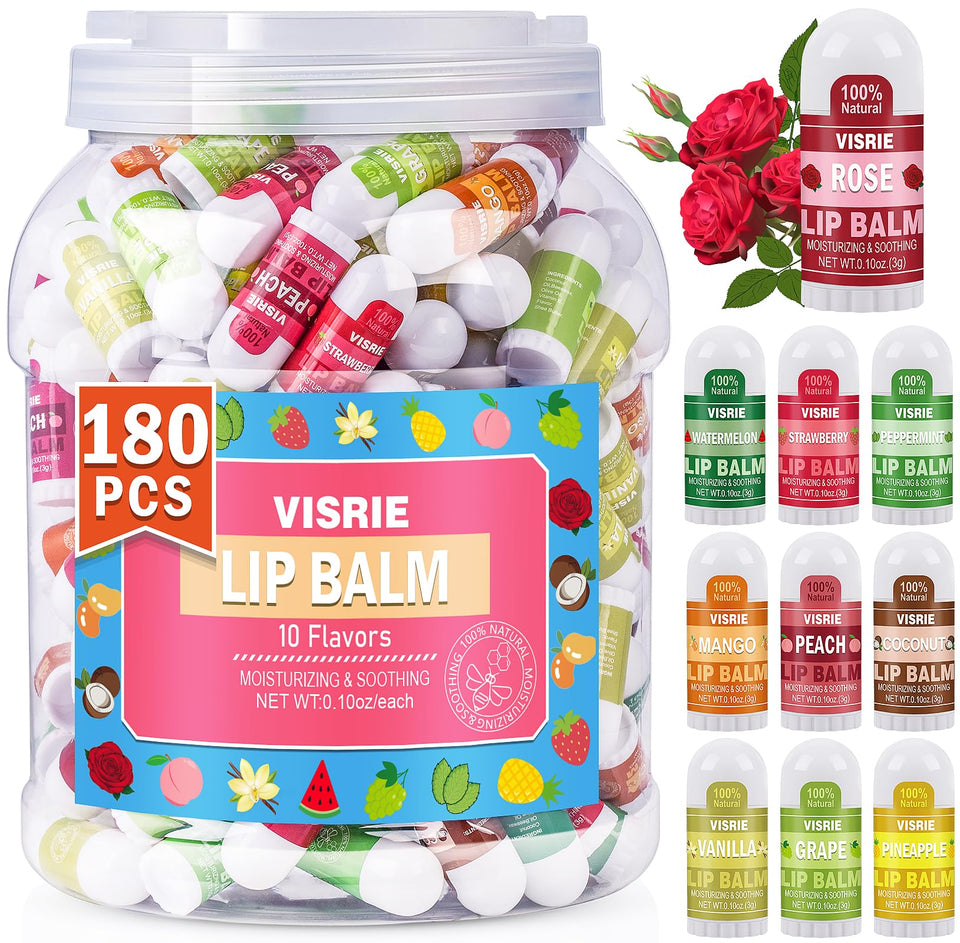 VISRIE front packaging of 180-pack mini lip balms shows compact bulk value