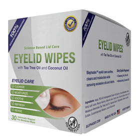 Visual Advantage lifestyle on bathroom vanity showing Lunovus wipes for daily eyelid care
