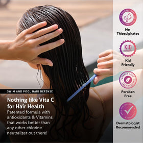 Vita C after swim used poolside on swimmer showing fast chlorine removal and refreshed hair