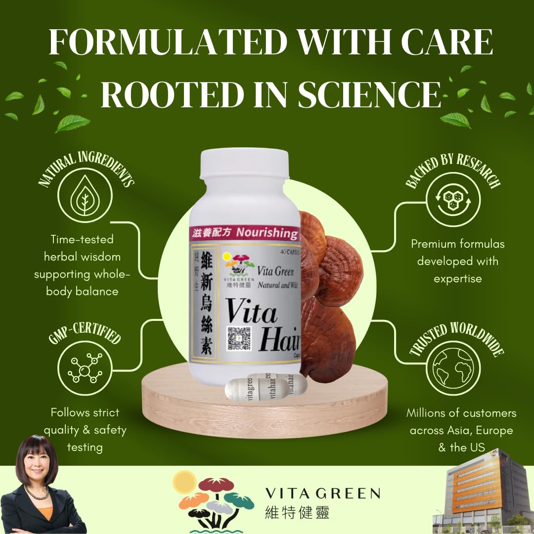 Vita Green bottle beside person massaging scalp for improved circulation