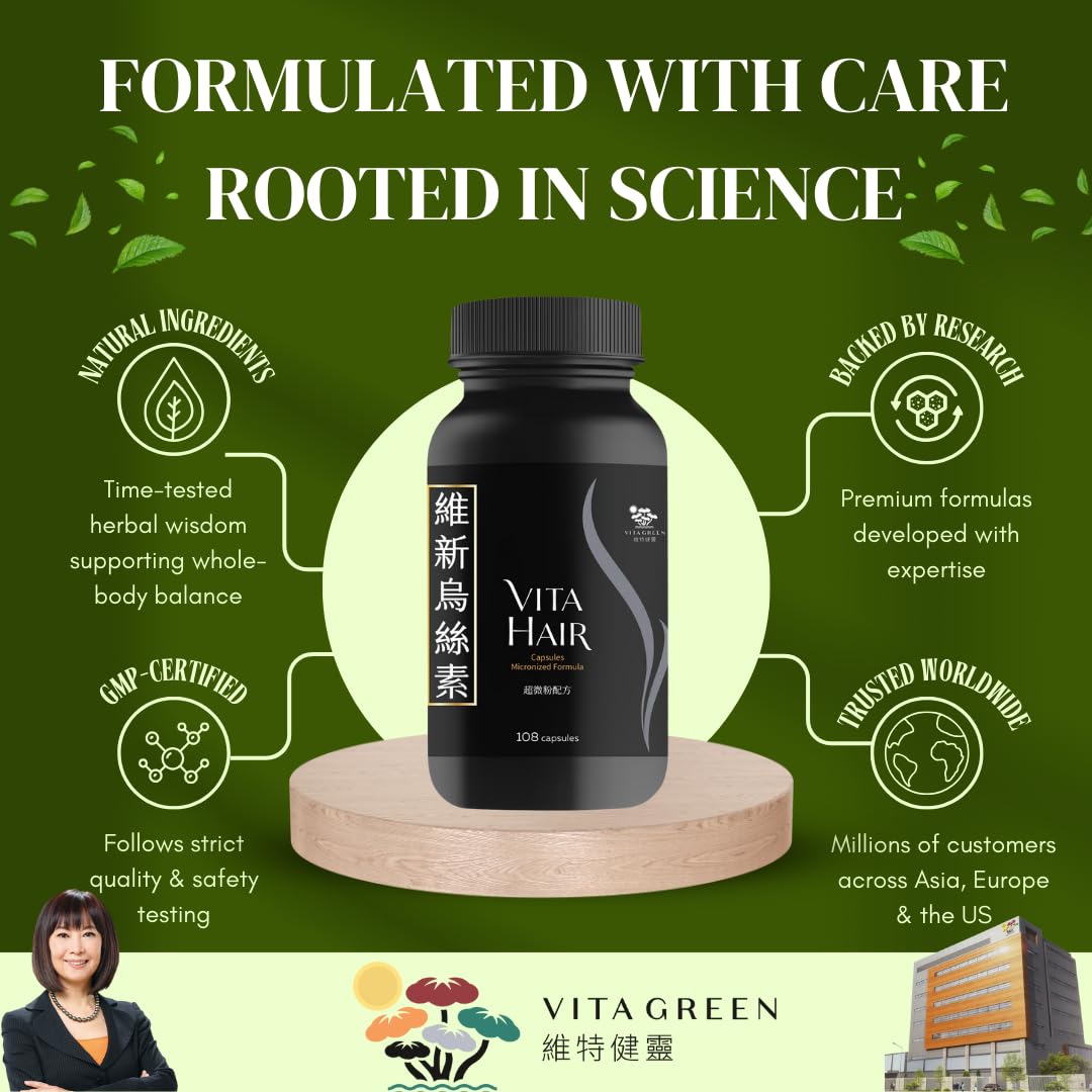 Vita Green woman taking supplement supporting fuller-looking hair