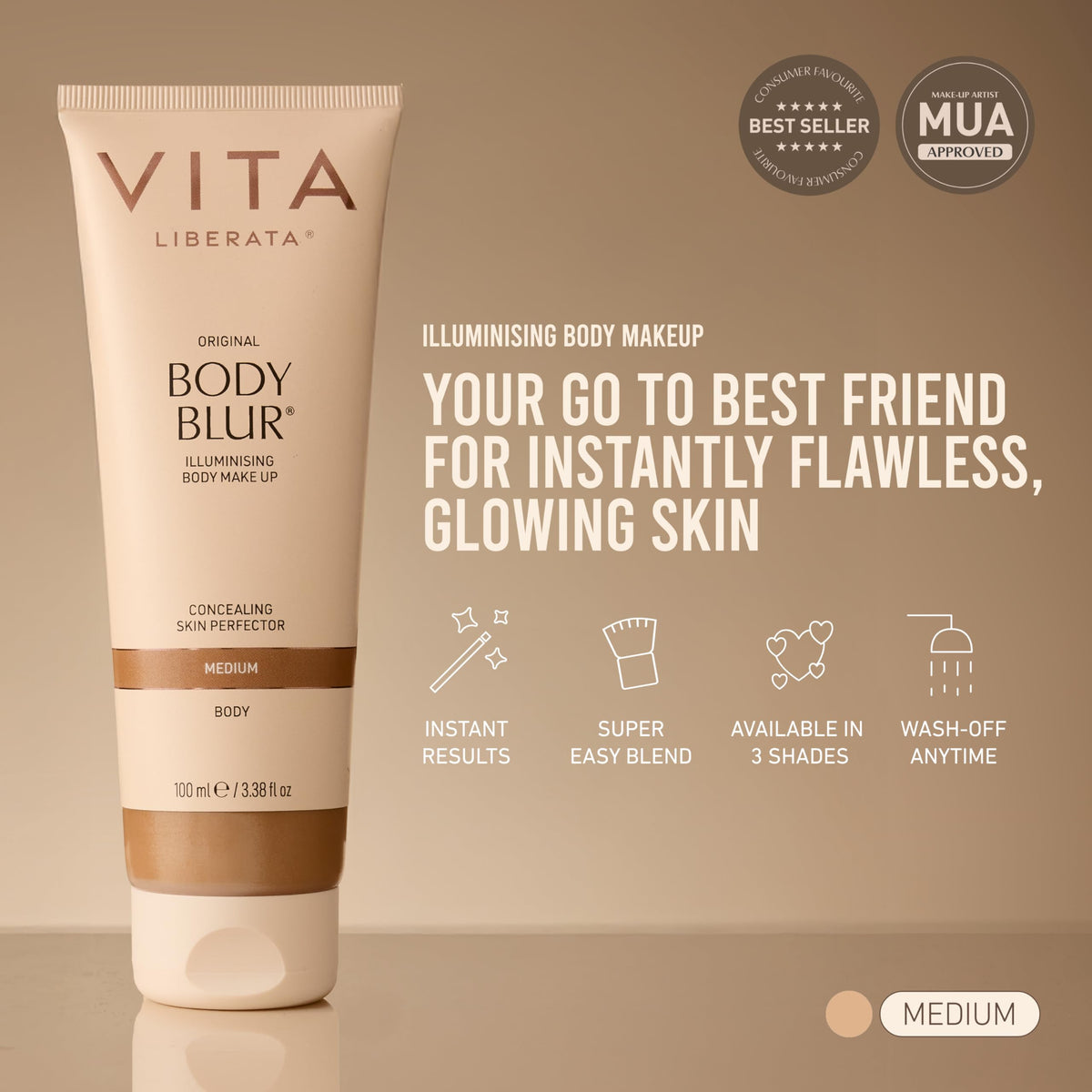 VITA LIBERATA applied on leg demonstrating even coverage and concealment