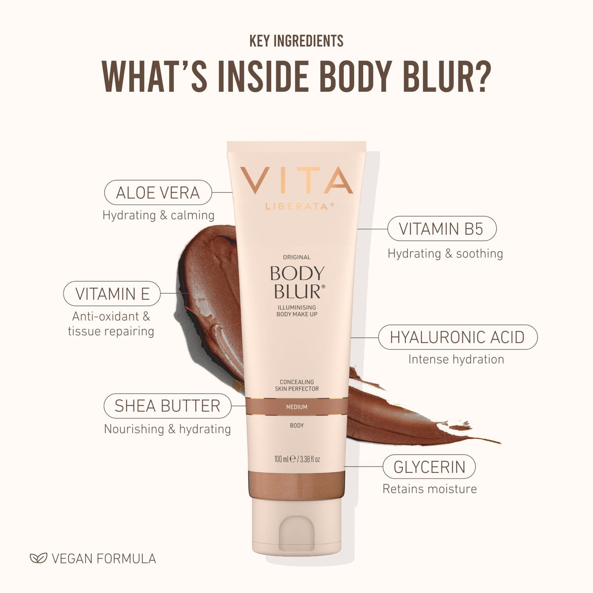 VITA LIBERATA organic ingredients display with glycerin and shea, emphasizes skin-conditioning benefit