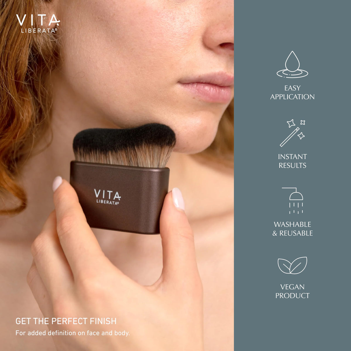 VITA LIBERATA brush next to hand showing scale and controlled application benefit