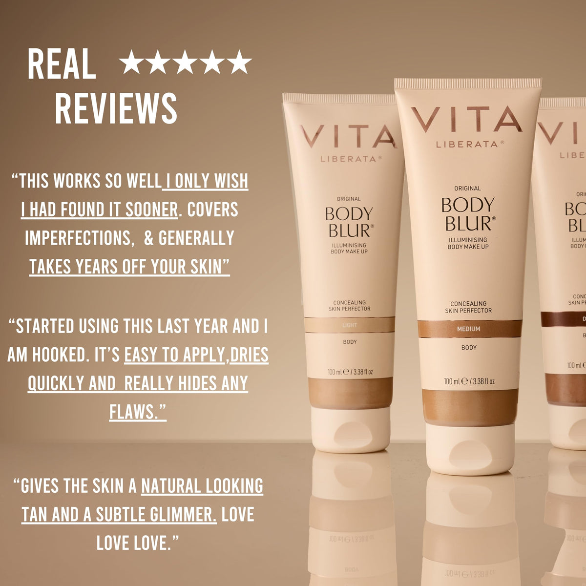 VITA LIBERATA applied to feet and décolleté showing natural glow benefit