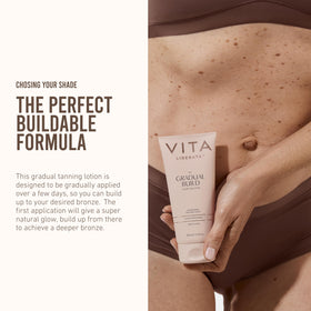 VITA LIBERATA before and after on forearm showing gradual natural-looking tan result