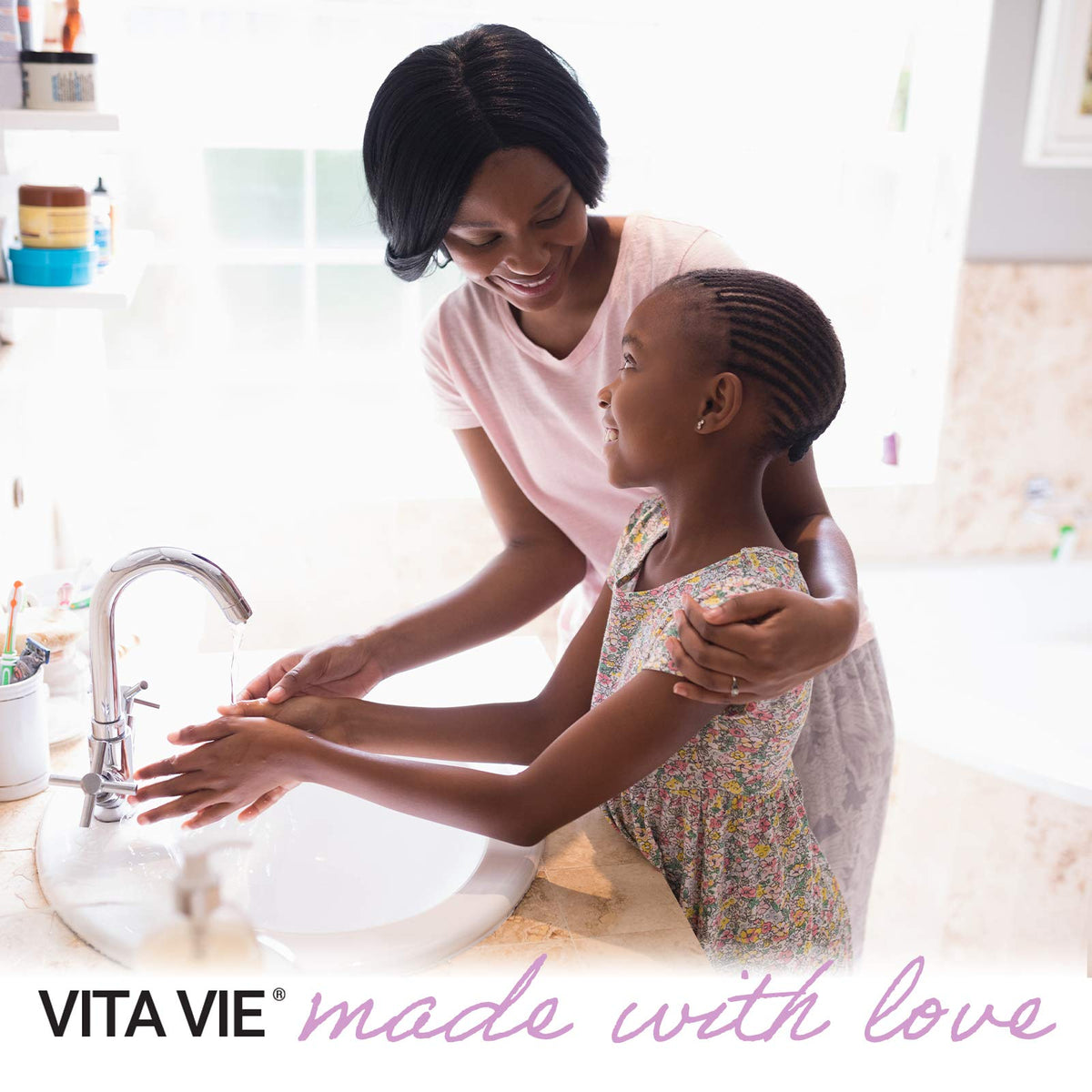 VITA VIE bottle placed on bathroom counter, suggesting everyday refreshment