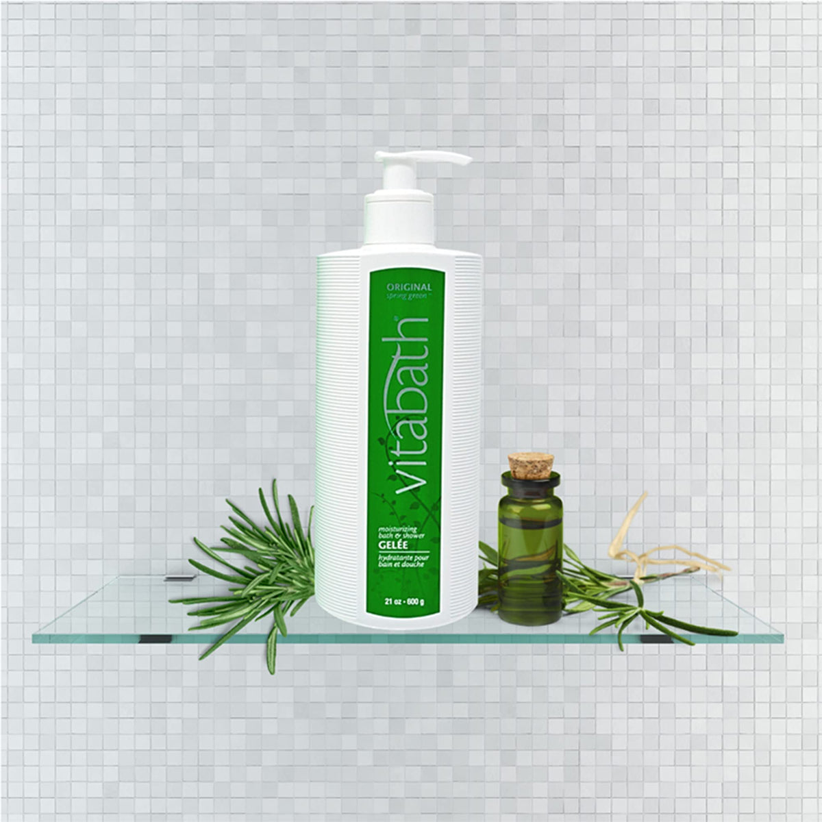 Vitabath bottle on bathroom shelf creating organized routine benefit