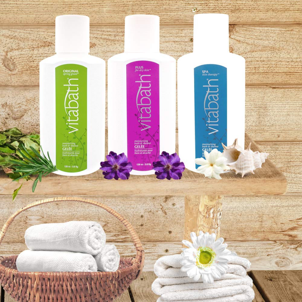 Vitabath bottle in styled bathroom scene promoting spa-like feel
