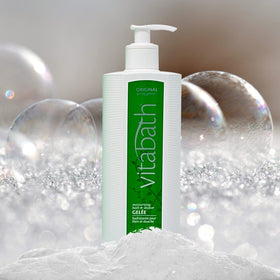 Vitabath pump close-up dispensing gel highlighting easy-use benefit