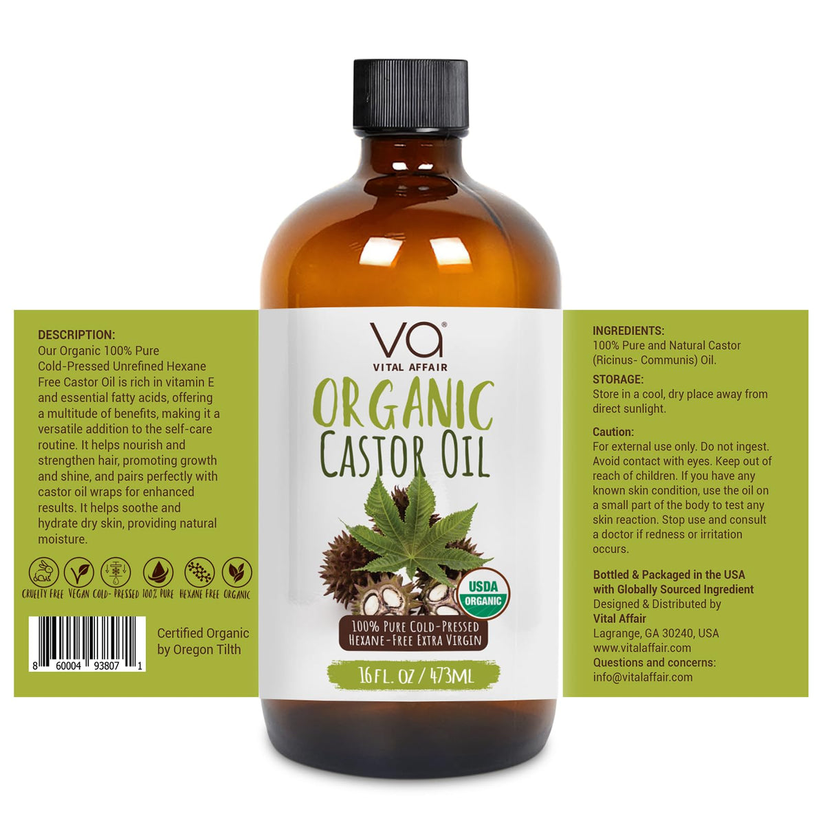 VITAL AFFAIR label detail close-up showing organic, hexane-free quality benefit