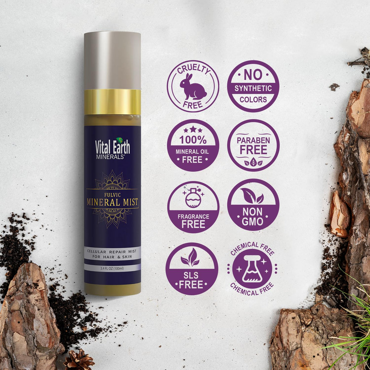 Vital Earth Minerals mist applied to hair roots to refresh scalp and improve manageability