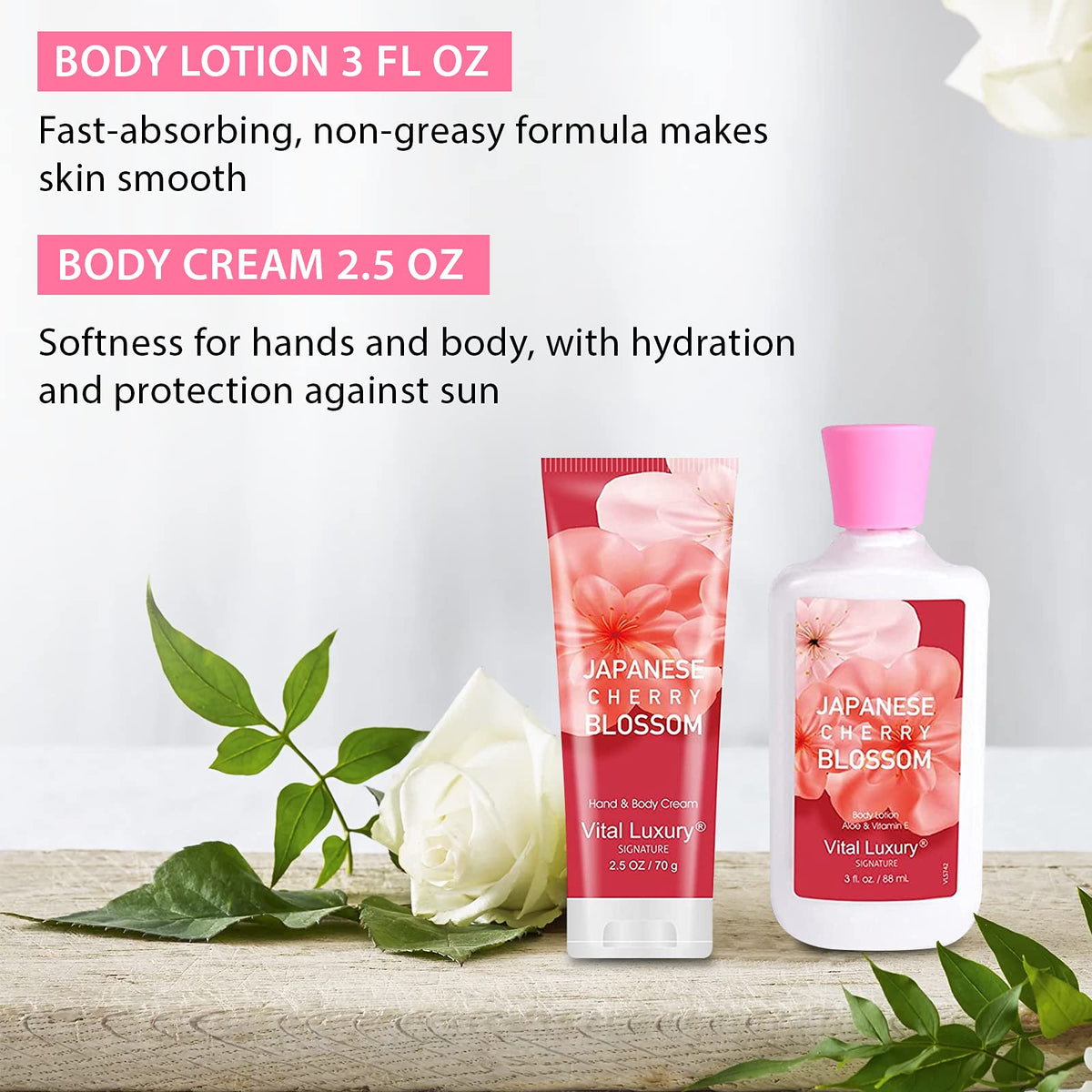 Vital Luxury body lotion poured on hand demonstrating lightweight moisturizing feel