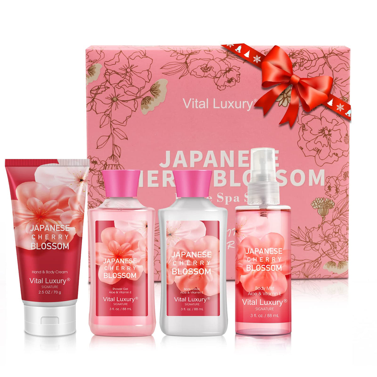 Vital Luxury front packaging showing four-piece travel bath set and gift-ready look