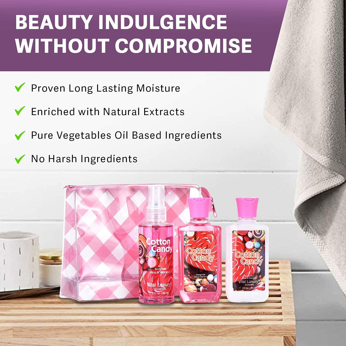 Vital Luxury boxed set styled as a ready-to-give cotton candy gift