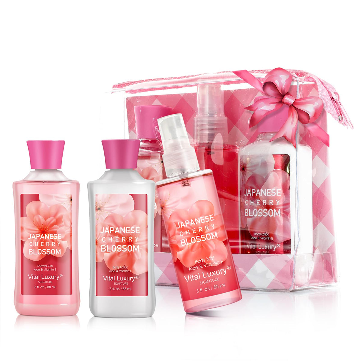 Vital Luxury front packaging showing complete cherry blossom spa set benefit gift-ready