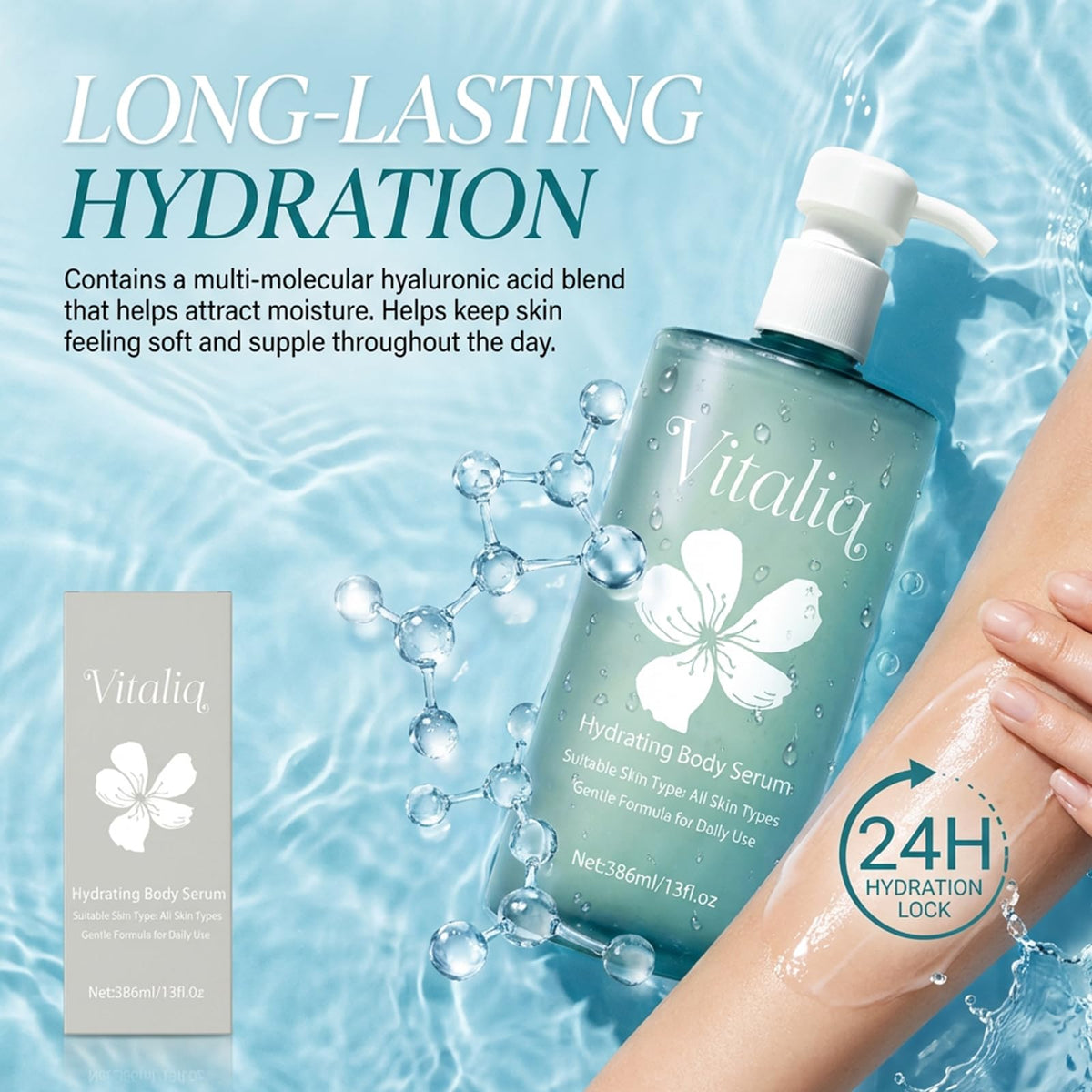 Vitaliq serum texture close-up illustrating lightweight water-based consistency and quick absorption