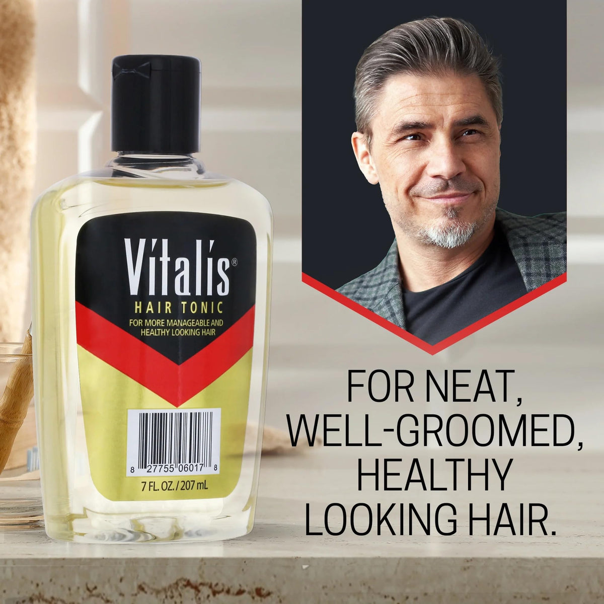 Vitalis close-up of bottle label highlighting product information and ease