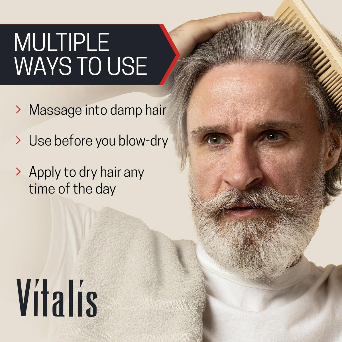 Vitalis bottle in hand illustrating 7 ounce scale and travel-friendly size