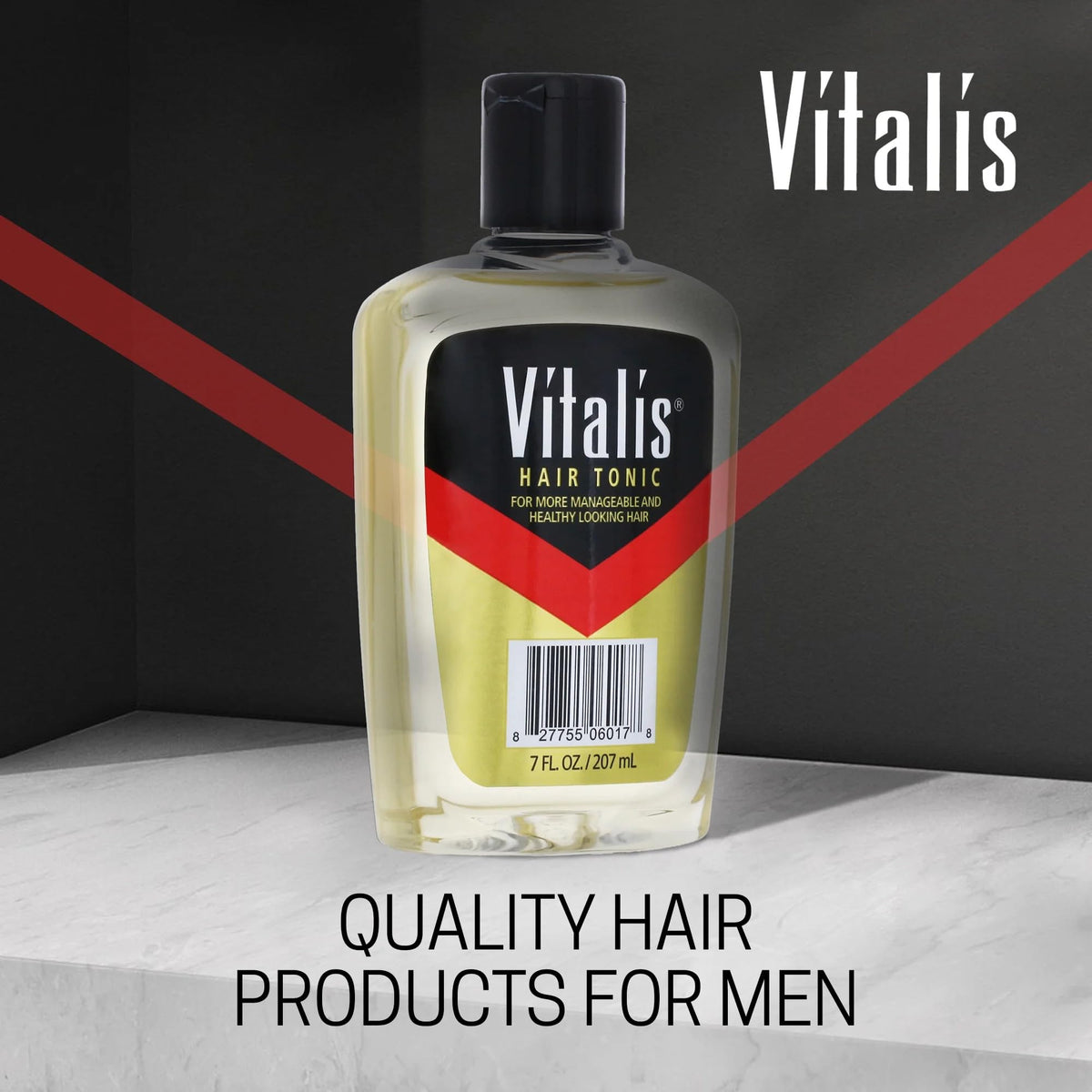 Vitalis bottle placed on bathroom shelf suggesting convenient everyday use