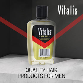 Vitalis bottle placed on bathroom shelf suggesting convenient everyday use