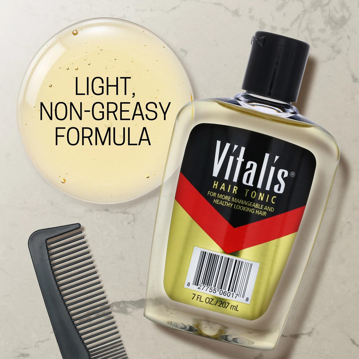 Vitalis pour showing liquid texture and lightweight consistency for styling