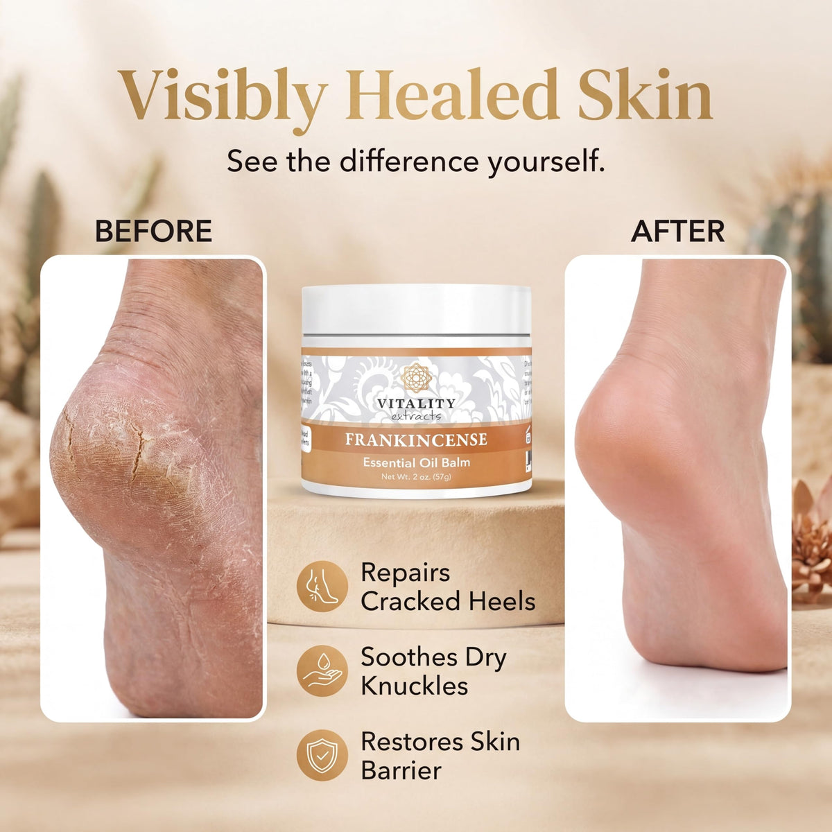 Vitality balm being applied to hands demonstrating soothing hydration and quick absorption