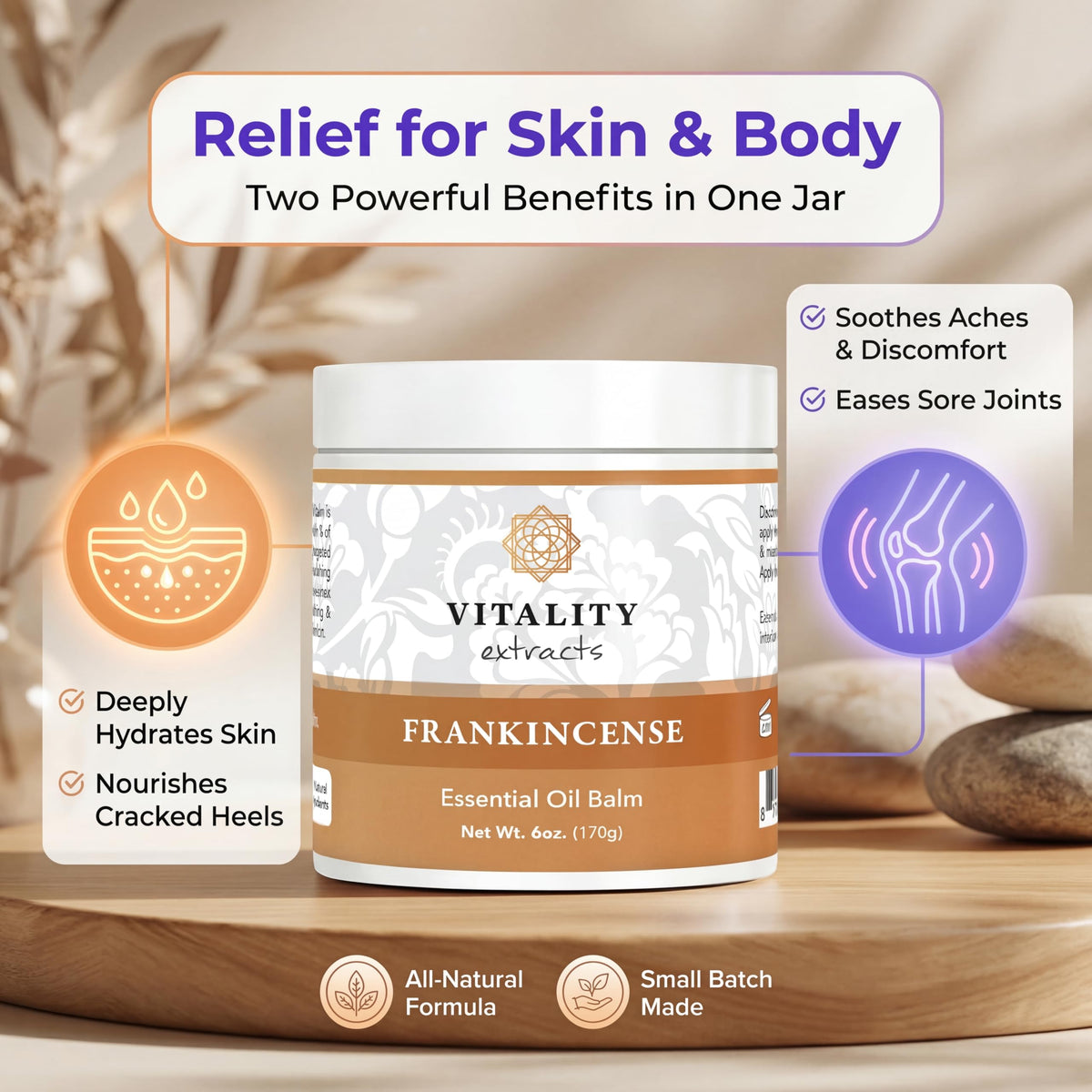 Vitality frankincense balm being applied to dry hands for immediate hydration benefit